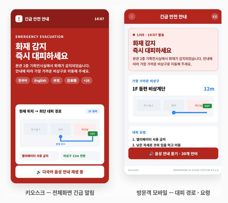키오스크 전체화면 긴급 알림과 대피 경로를 안내하는 방문객 모바일 화면